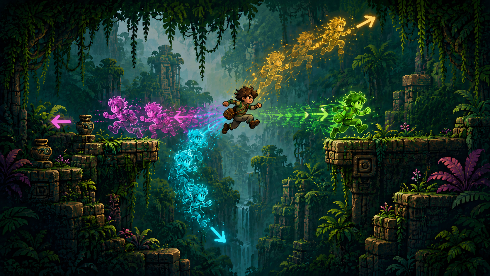 Pixel-art runner surrounded by cyan, magenta, yellow, and green ghost trails pointing toward different predicted choices.