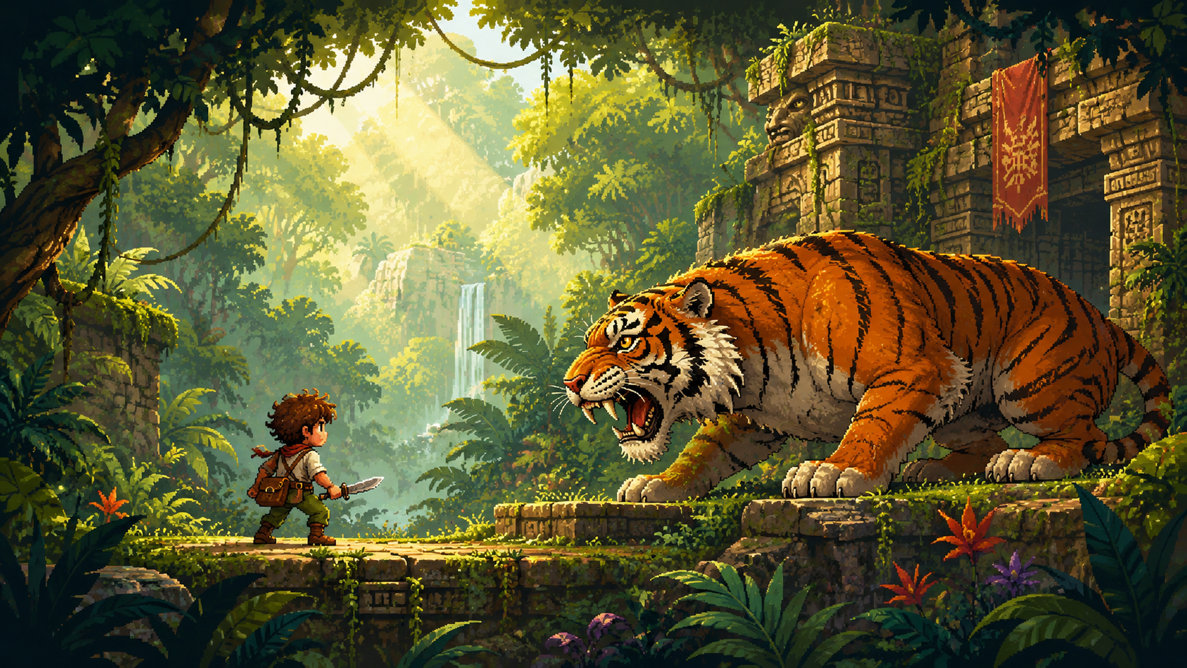 Pixel-art jungle platformer scene with mossy ruins, vines, waterfalls, and a runner mid-jump.
