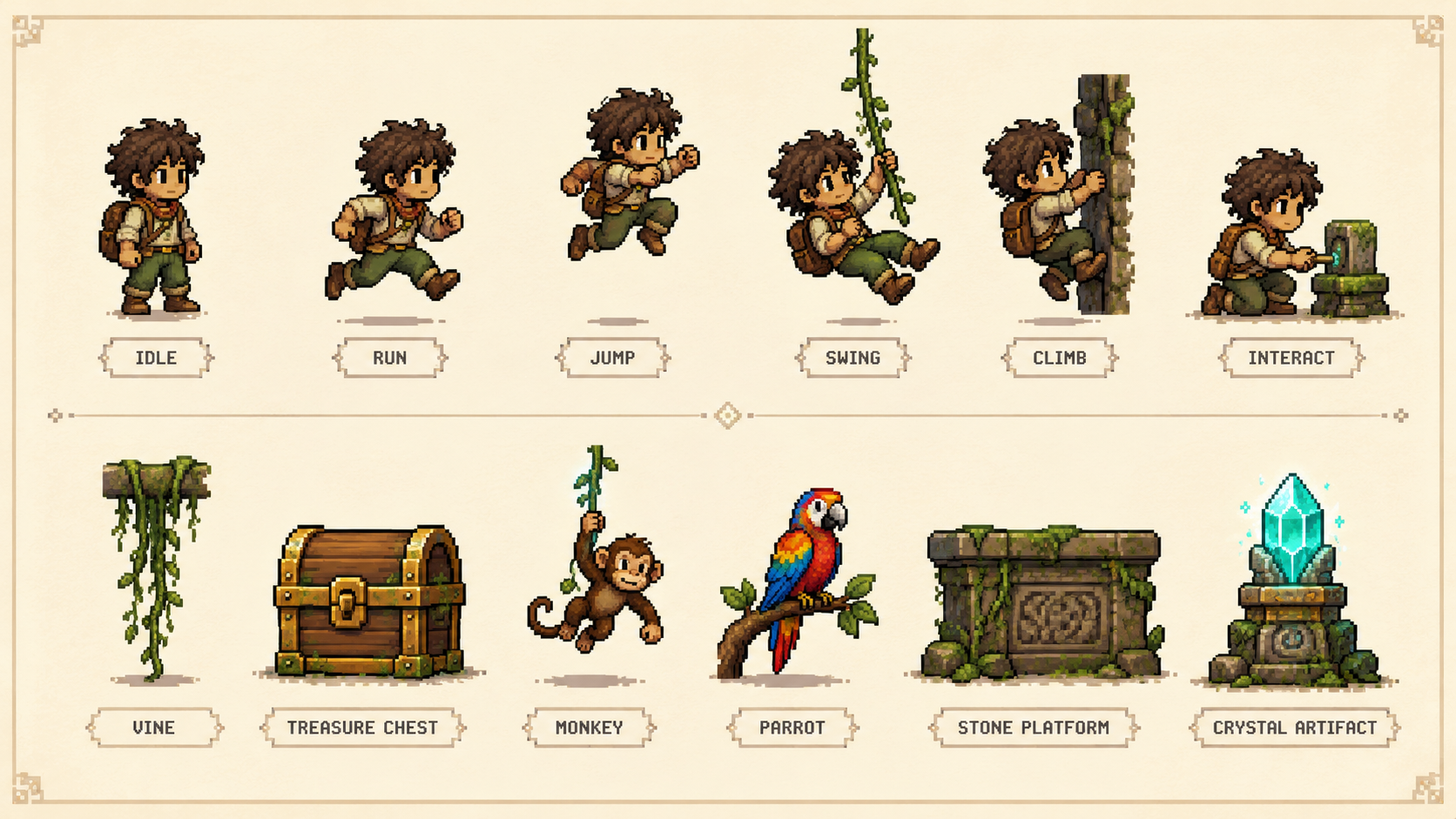 Pixel-art sprite sheet showing runner actions and jungle interactables including vine, treasure chest, monkey, parrot, stone platform, and crystal artifact.