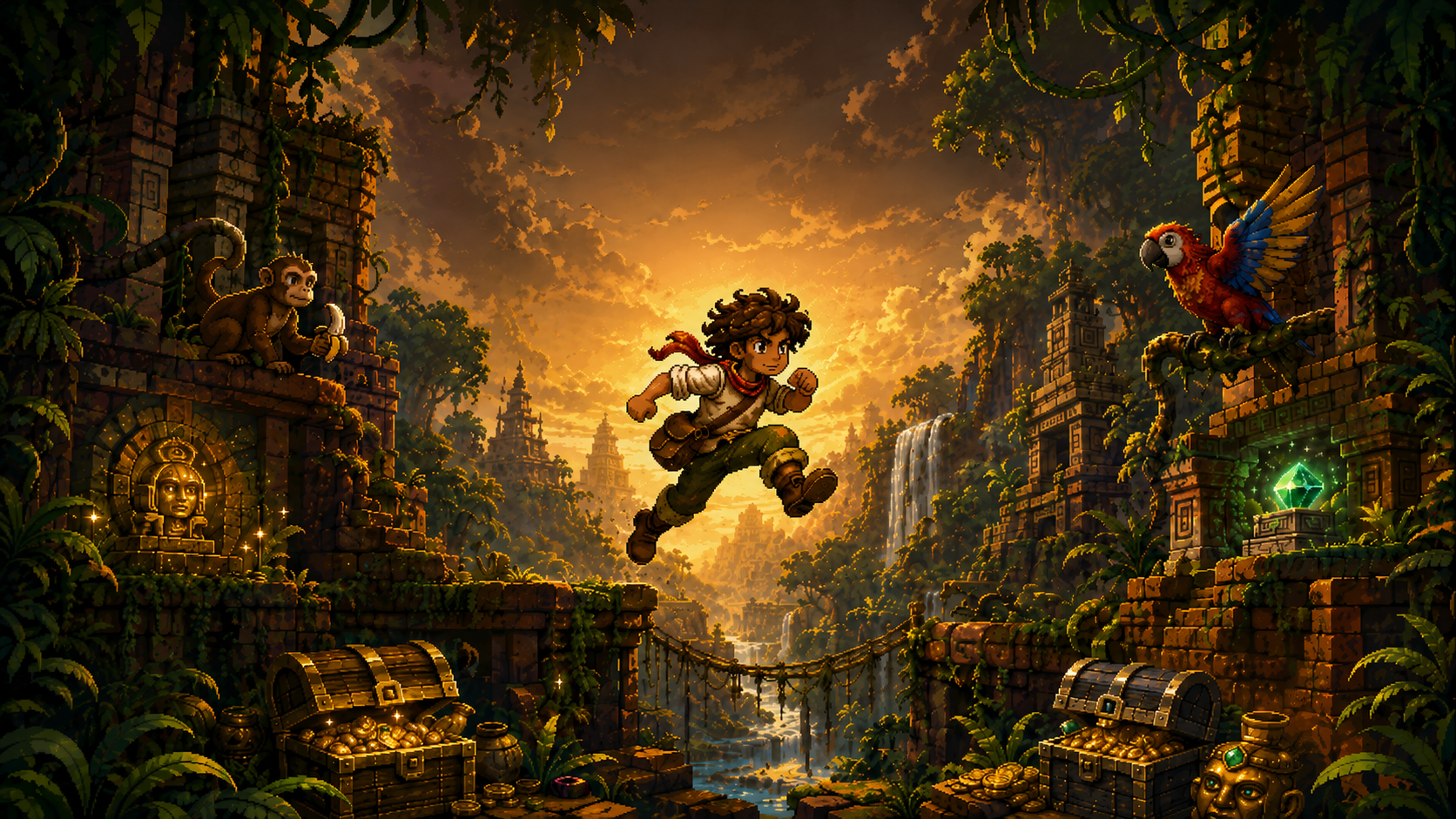 Pixel-art runner leaping through golden jungle ruins with a parrot, monkey, treasure chests, and glowing artifacts.